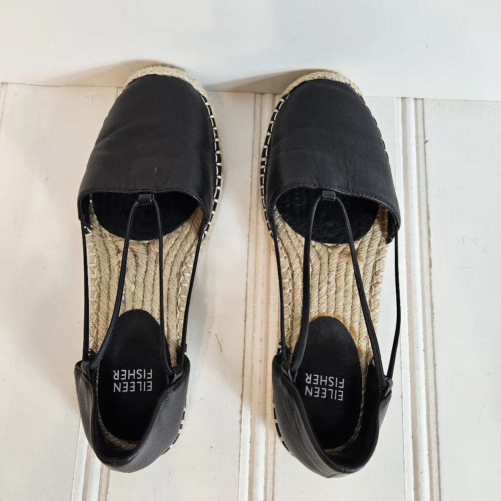 Eileen Fisher Wali Black Leather Espadrilles Women’s 6.5 Slip On Flat Loafers